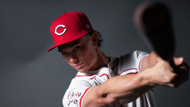 Feb 22, 2024; Goodyear, AZ, USA; Cincinnati Reds left fielder Stuart Fairchild during media day at Goodyear Ballpark. Mandatory Credit: Kareem Elgazzar-USA TODAY Sports 